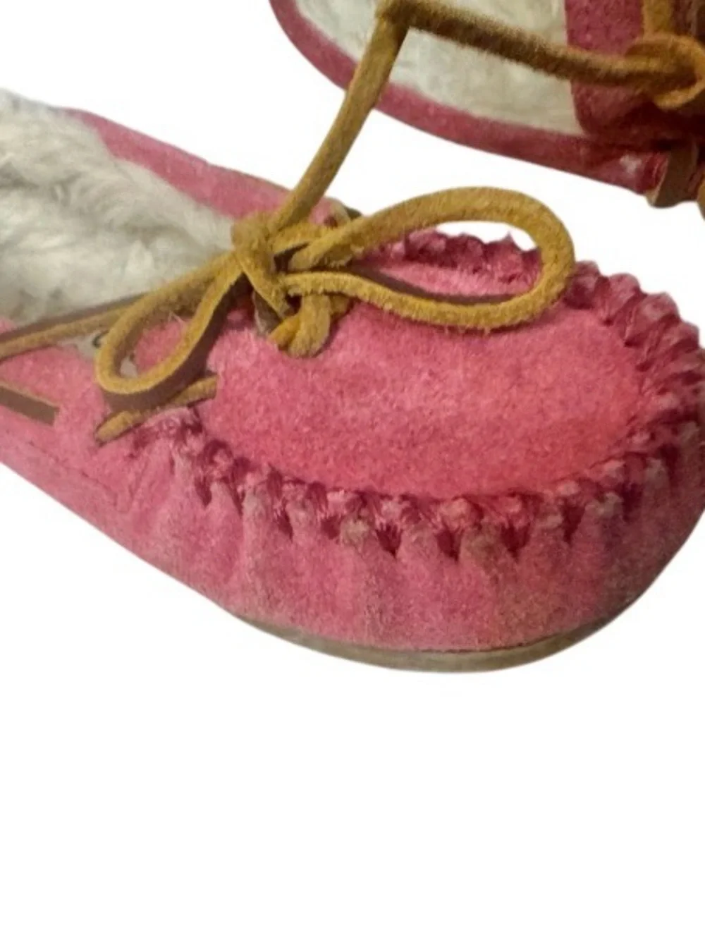 MINNETONKA Cassie pink suede fur lined slip on shoes slippers girl’s size 7